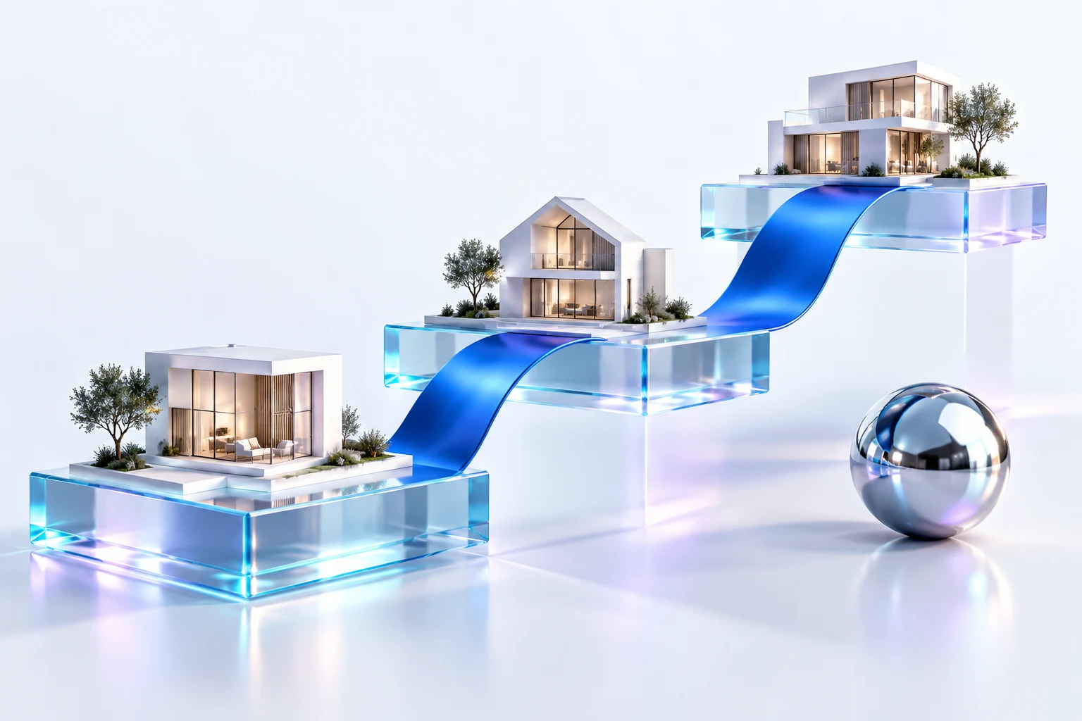 Original sculpture of homes connected by a blue ribbon on glass platforms
