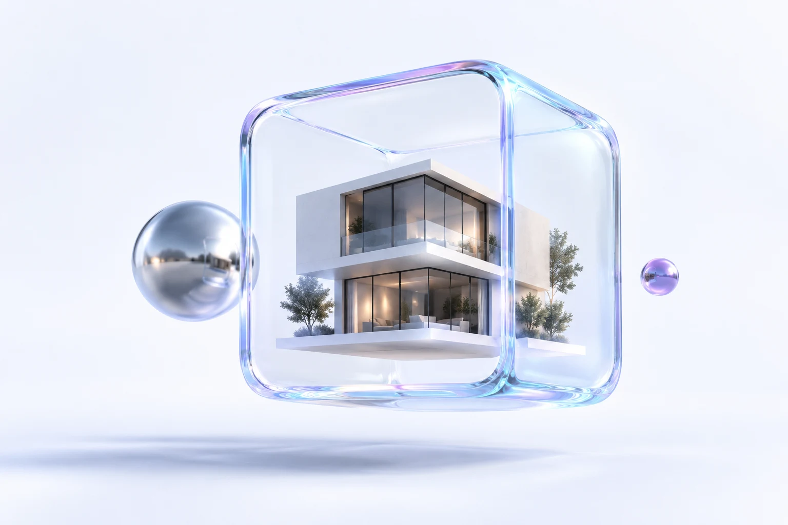 Original glass-and-ceramic sculpture of a home inside an open translucent cube